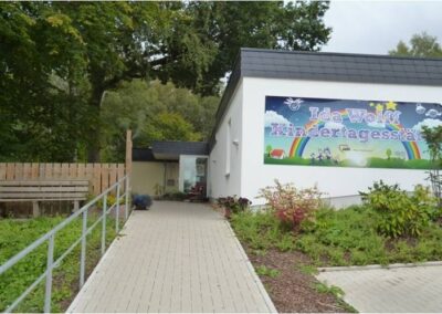 An der Hauswand der Einrichtung befindet sich ein Banner, auf dem groß der Name der Einrichtung zu sehen ist. Außerdem sieht man einen Regenbogen, Sterne, Kinder und vieles mehr